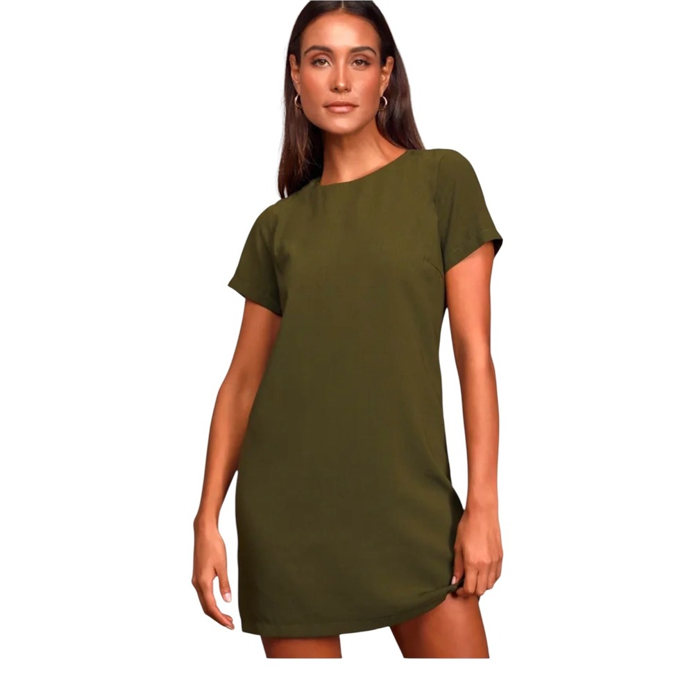 Lulus Olive Green‎ Shift Mini Dress Short Sleeve Gold Zipper 43232 NEW